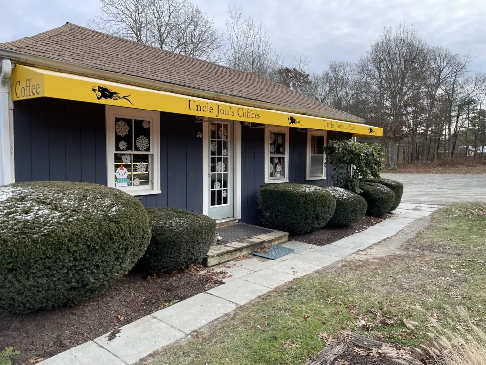Uncle Jon's Coffees shop in Mattapoisett with its yellow awning